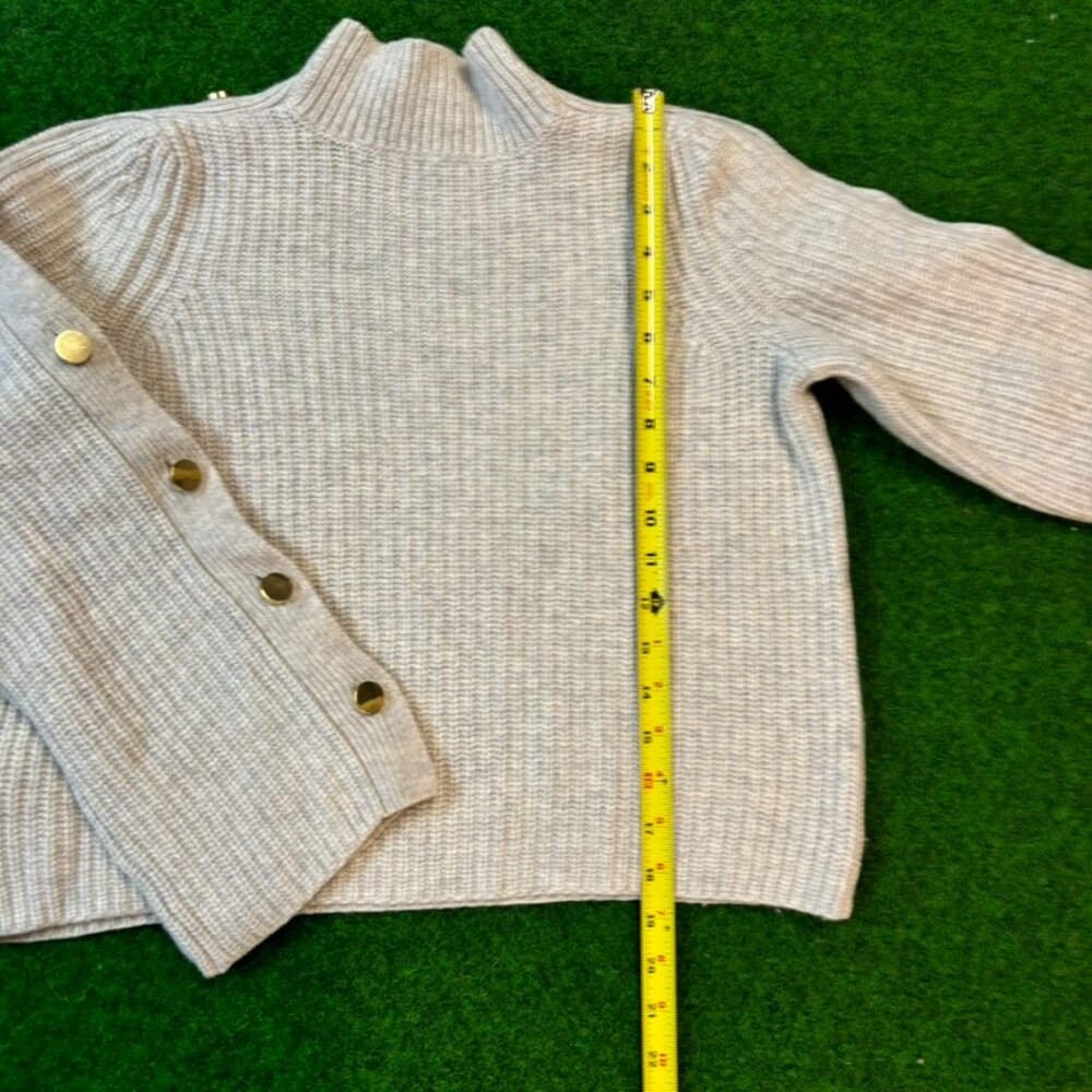 Intermix Beige/Grey Wool Crew Neck Sweater with Button Bell Sleeves (XS)